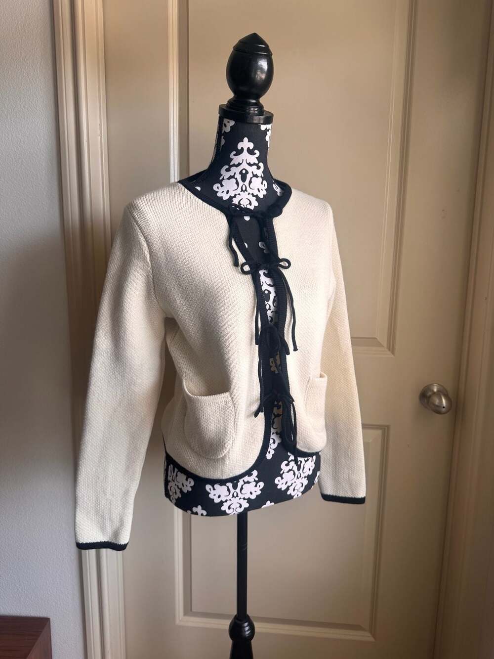 Zara Ecru and Black Knit Cardigan with Front Ties